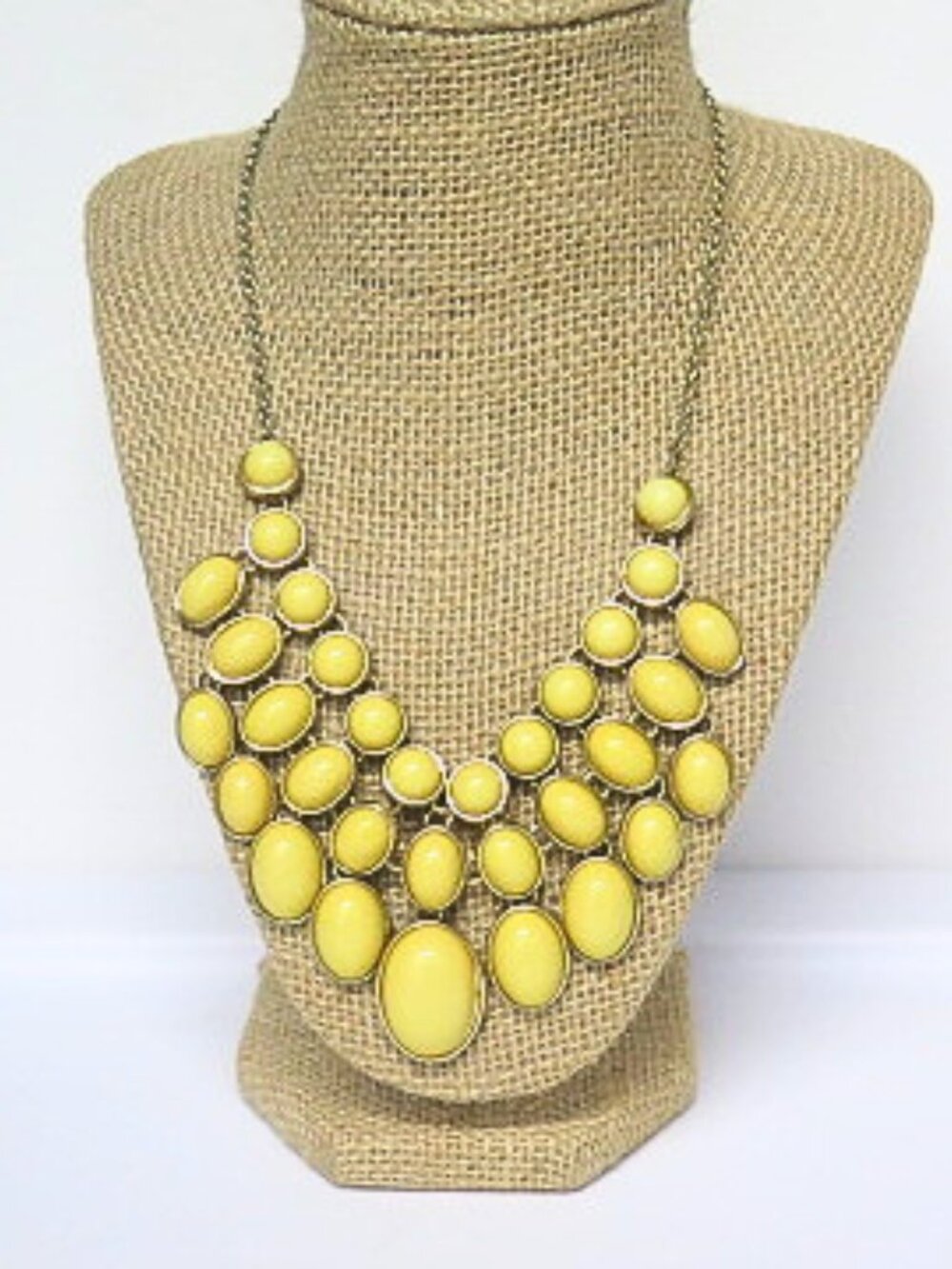 Yellow Statement Bib Necklace Graduated Oval Cabochon Silver Tone Necklace